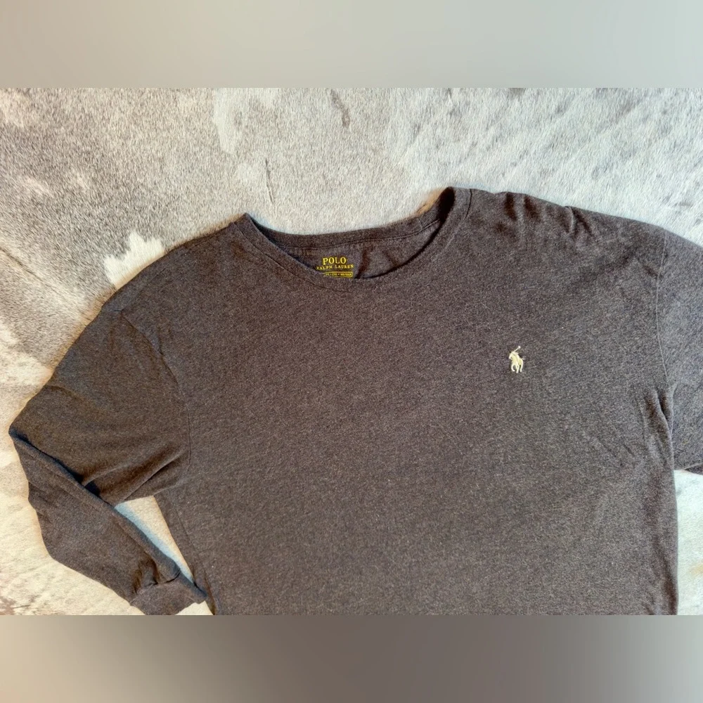 POLO RALPH LAUREN Men’s Heather Brown Custom Fit Long Sleeve Tee T-Shirt - Picture 9 of 16